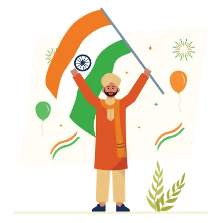 Hombre panjabi sosteniendo la bandera india y celebrando el Día de la Independencia  Ilustración