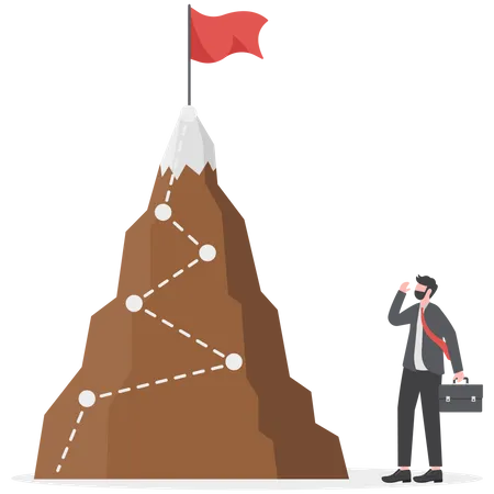 El hombre se para a mirar la bandera en la cima de la montaña  Ilustración