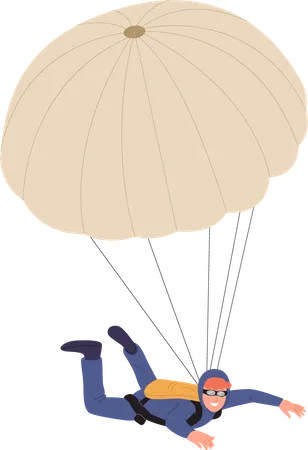 Hombre paracaidista usando paracaídas volando libremente en el cielo disfrutando de la afición del paracaidismo  Ilustración