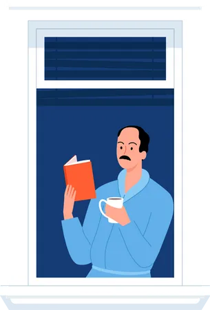 Hombre parado en la ventana con un libro de lectura y tomando café  Ilustración