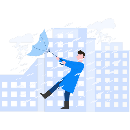 Hombre paraguas arrastrado por la tormenta  Ilustración