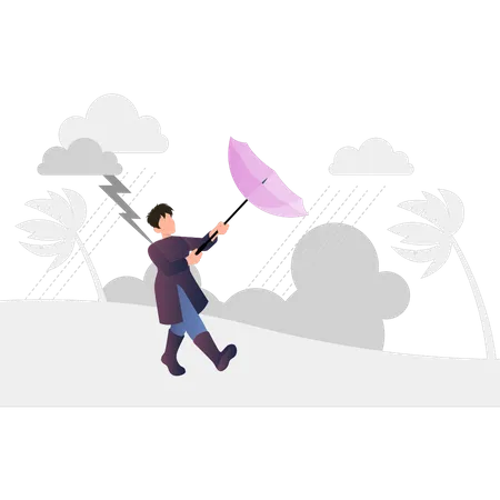 Hombre paraguas arrastrado por la tormenta  Ilustración