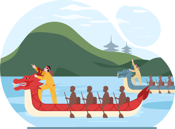 Un hombre participa en una regata de barcos chinos  Ilustración