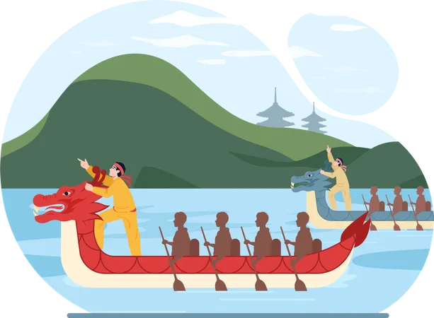 Un hombre participa en una regata de barcos chinos  Ilustración