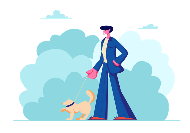 Hombre caminando con perro al aire libre en verano  Ilustración