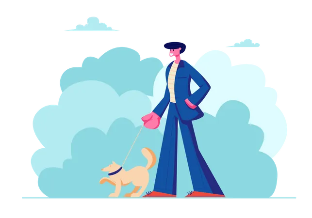 Hombre caminando con perro al aire libre en verano  Ilustración