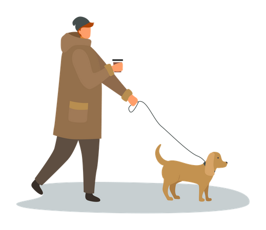 Hombre caminando con perro durante la temporada de otoño  Ilustración