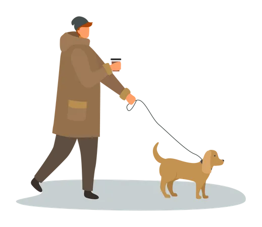 Hombre caminando con perro durante la temporada de otoño  Ilustración