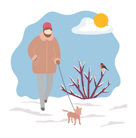 Hombre caminando con perro en temporada de invierno  Ilustración