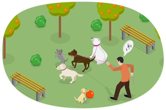 Hombre caminando con perros  Ilustración