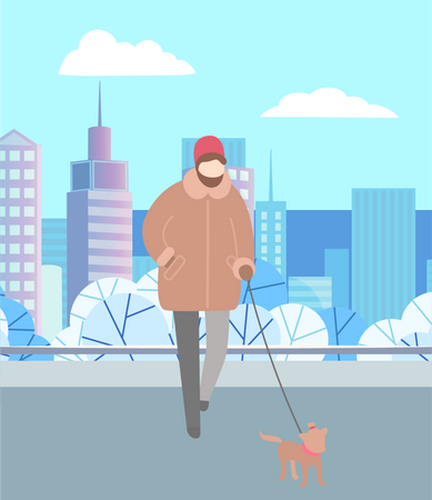 Hombre paseando a su perro durante el invierno  Ilustración