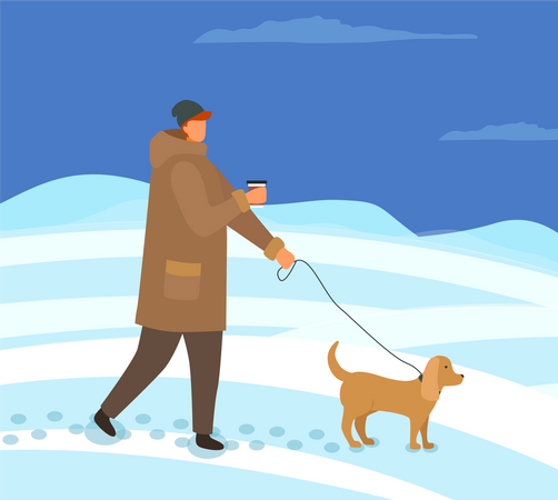 Hombre paseando a un perro en una noche de invierno afuera  Ilustración