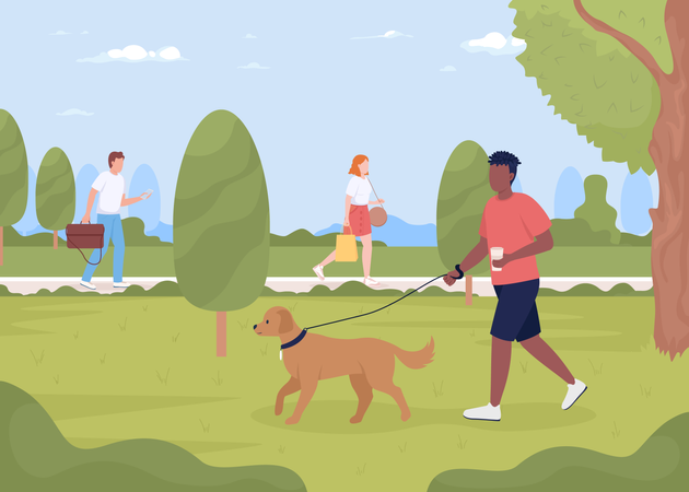 Hombre paseando a un perro en el parque de verano  Ilustración