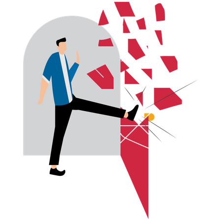 Hombre patea puerta cerrada y la destruye  Ilustración