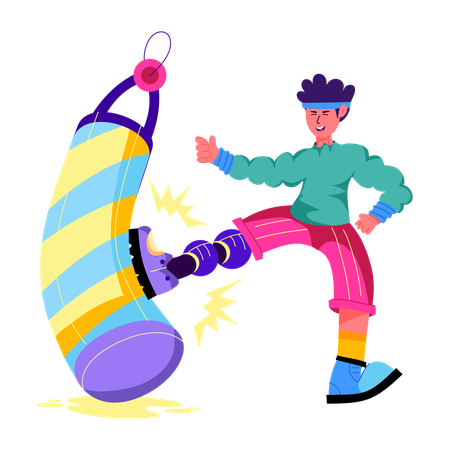 Hombre pateando bolsa con pierna protésica  Ilustración