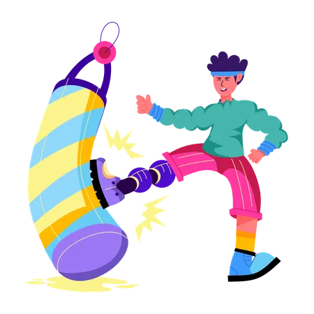 Hombre pateando bolsa con pierna protésica  Ilustración