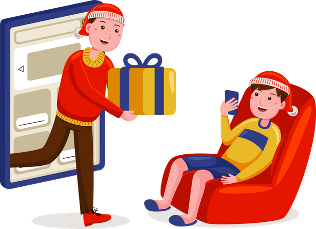 Hombre ordena compras en línea en rebajas navideñas  Ilustración