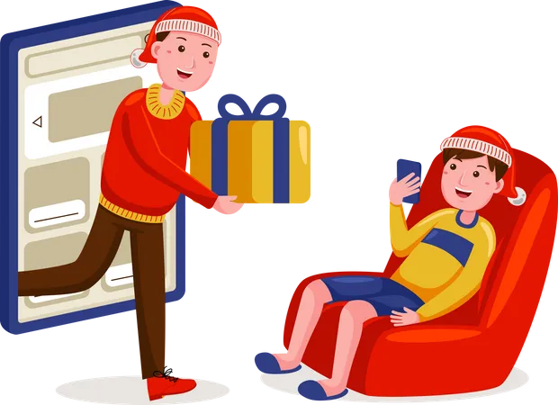 Hombre ordena compras en línea en rebajas navideñas  Ilustración