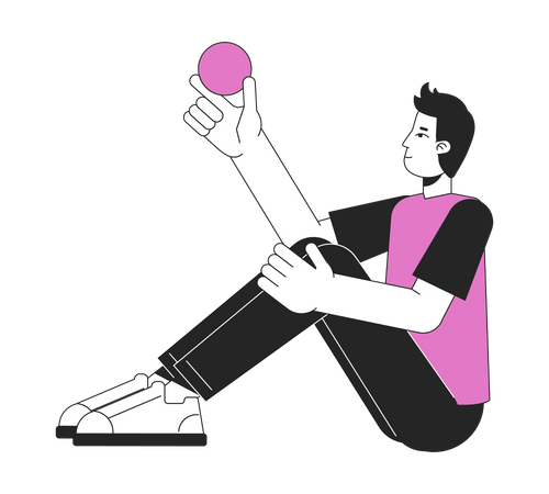 Hombre pensativo sentado con la pelota en la mano  Ilustración