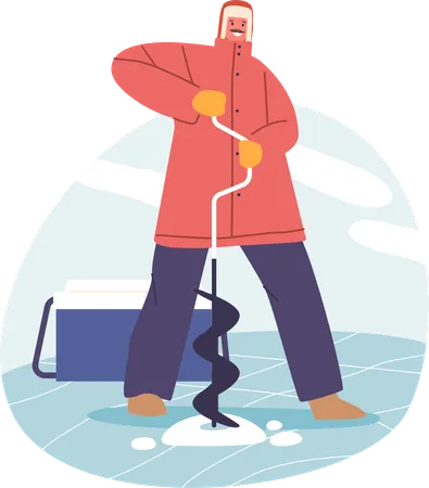 Hombre perfora diligentemente un agujero en un lago congelado  Ilustración