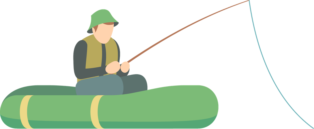Hombre pescador pescando mientras está sentado en un bote de goma  Ilustración