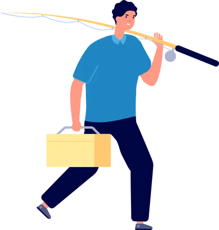 Hombre pescador sosteniendo robo de pesca y bolsa de pesca  Ilustración