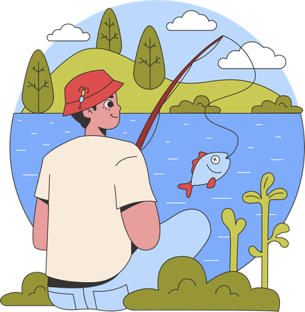 Hombre haciendo pesca al aire libre  Ilustración