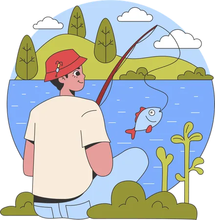 Hombre haciendo pesca al aire libre  Ilustración