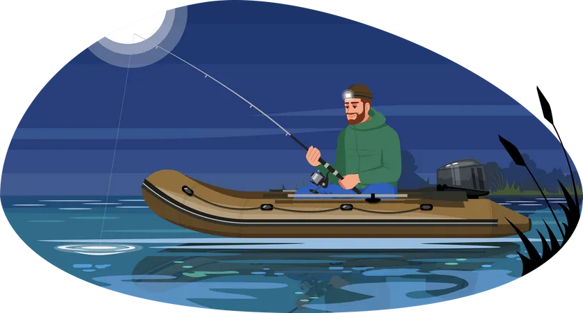 Hombre pescando por la noche  Ilustración