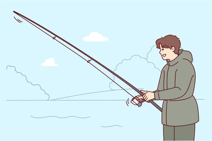 Hombre haciendo pesca en el lago  Ilustración