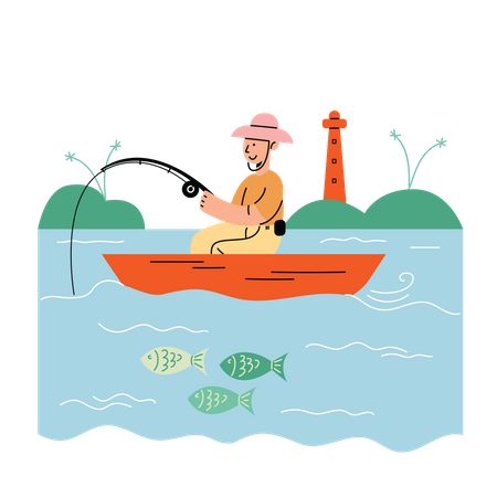 Hombre pescando en el mar  Ilustración