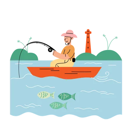 Hombre pescando en el mar  Ilustración