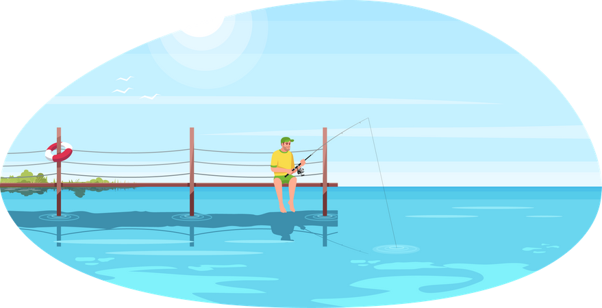 Hombre pescando en el puente durante el día  Ilustración