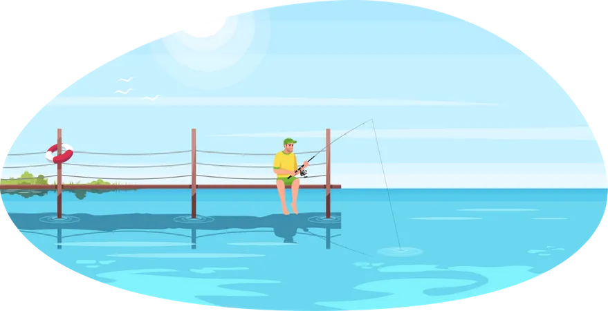 Hombre pescando en el puente durante el día  Ilustración