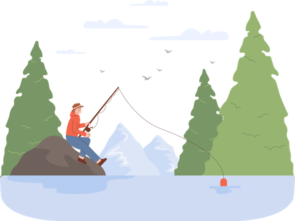 Hombre haciendo pesca en el río  Ilustración