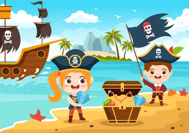 Hombre pirata en la isla  Ilustración