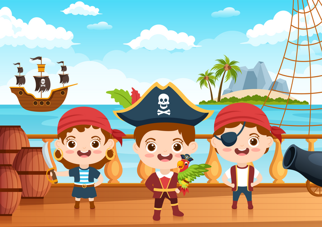 Hombre pirata y muchacho de ensalada en barco  Ilustración