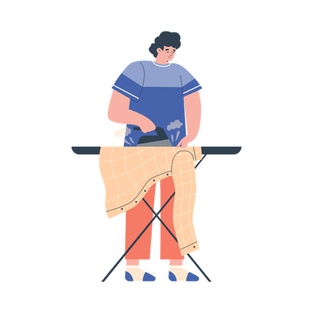 Hombre planchando camisa a bordo con plancha eléctrica  Ilustración