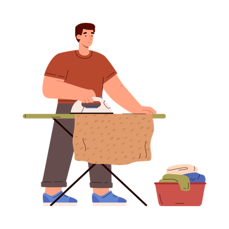 Hombre planchando ropa en un soporte para planchar  Ilustración