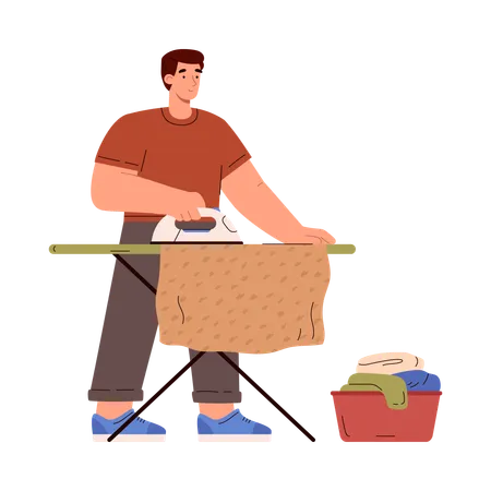 Hombre planchando ropa en un soporte para planchar  Ilustración