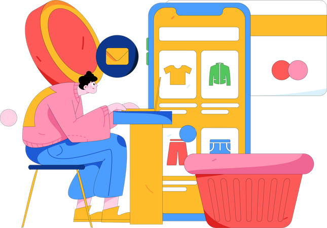 Hombre planea comprar ropa en un sitio web  Ilustración