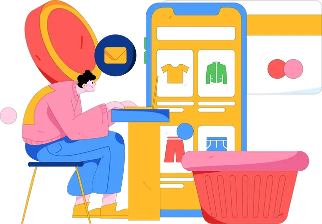 Hombre planea comprar ropa en un sitio web  Ilustración