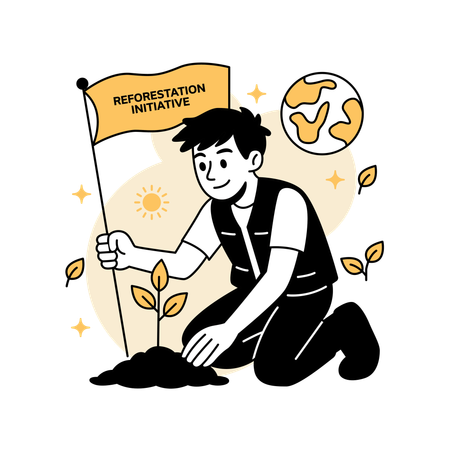 Hombre plantando árboles para la reforestación económica  Ilustración