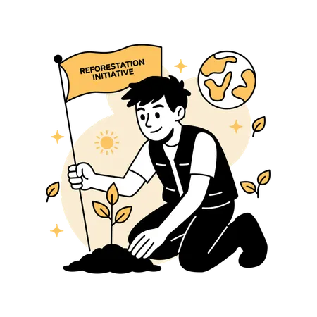 Hombre plantando árboles para la reforestación económica  Ilustración