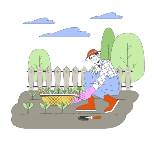 Hombre plantando plántulas en huerto  Ilustración