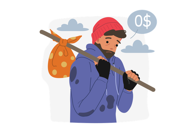 Pobre hombre caminando por la carretera  Ilustración