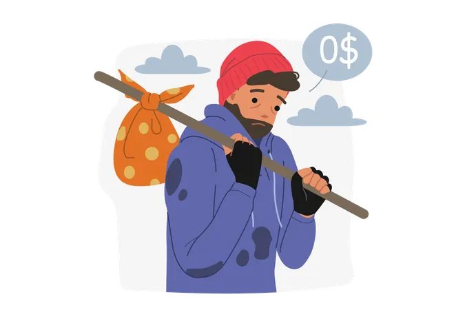 Pobre hombre caminando por la carretera  Ilustración
