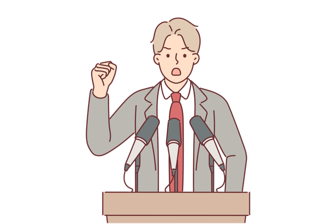 Un político se para detrás del podio con un micrófono y gesticula dando promesas electorales  Ilustración