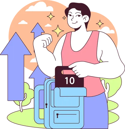 Hombre metiendo un peso de 10 kg en una bolsa  Ilustración