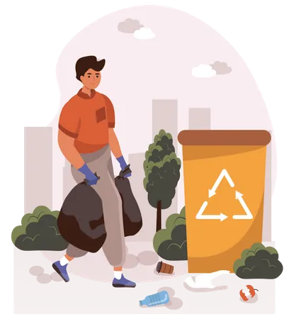 Hombre poniendo basura en bolsa  Ilustración